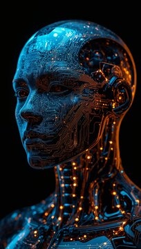 Futuristic humanoid artificial intelligence robot with illuminated neural circuits, symbolizing advanced AI, machine learning, and digital innovation.