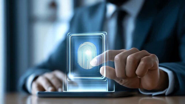 Biometric Security Scan: A man in a suit uses his fingertip to scan a holographic fingerprint displayed on a futuristic interface, representing advanced security and authentication.