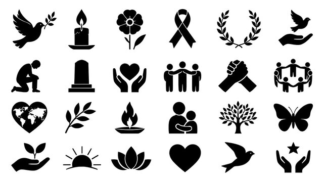 September 11 remembrance day icon set representing memorial grief peace and unity