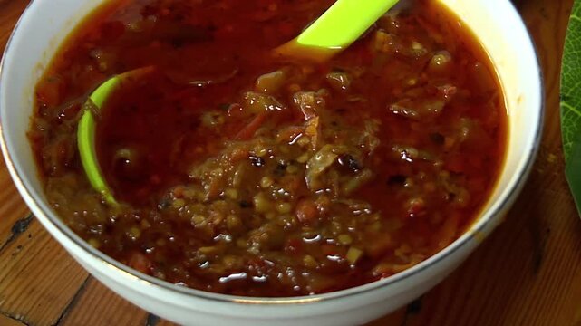 Close-up shot of traditional Indonesian chili paste used for seafood dishes. The oily, spicy texture serves as a rich condiment that enhances the flavor of a complete meal. 
