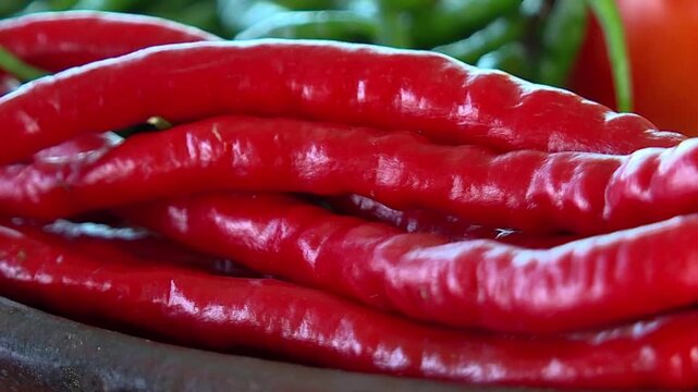 Close-up shot of fresh green and red curly chili peppers that are clean and high quality. These mild peppers serve as essential ingredients or garnishes commonly used in Indonesian cuisine. 