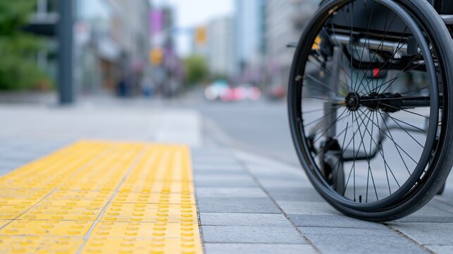 Wheelchair on city sidewalk with tactile paving