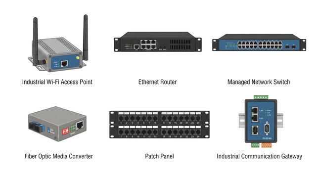 Network communication devices connected in a row. Professional ethernet switches and routers for high-speed data transfer.