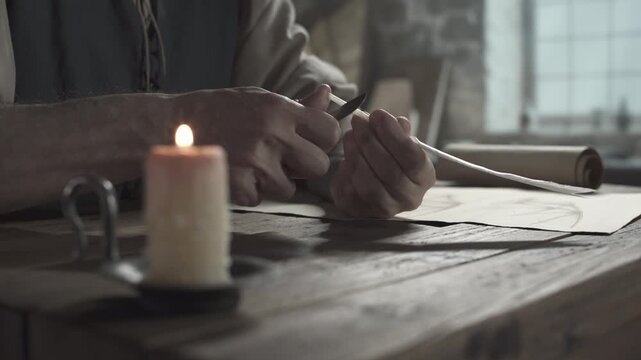 Close up of scholar hands making a scoop cut on a quill pen shaft with a penknife on a rustic wooden desk inside a medieval master studio
