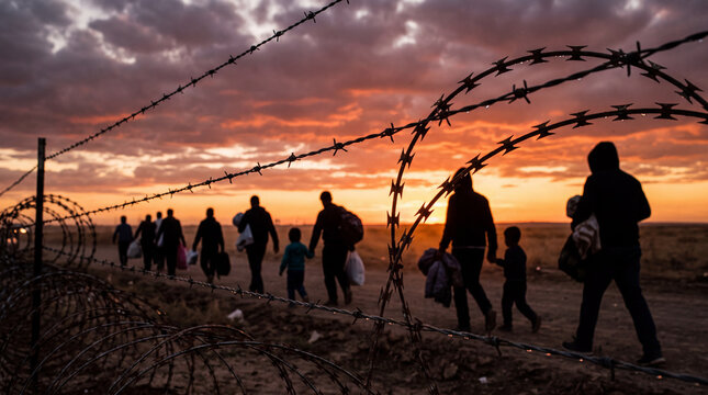 Group of refugees walking along a border fence with barbed wire at sunset, symbolizing migration, displacement, humanitarian crisis, and the search for safety.