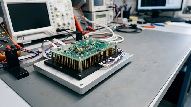 closeup of precision bed of nails pcb inspection fixture for electronics manufacturing quality assurance and circuit board testing in professional engineering laboratory