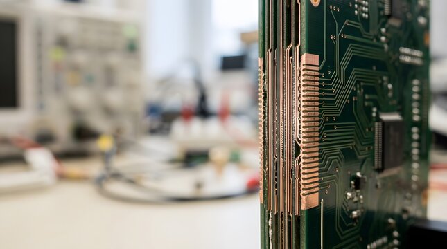 closeup of high density industrial printed circuit board edge connector showcasing precision copper traces for electronics manufacturing hardware engineering and embedded system development