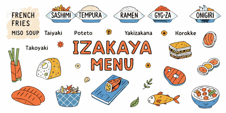 Izakaya Menu Illustration With Japanese Food Dishes And Handwritten Text