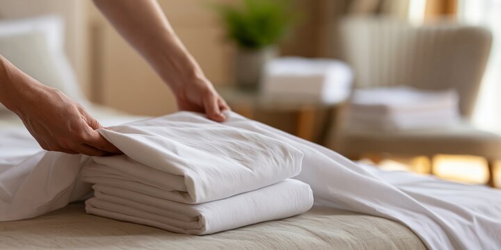 Hands folding clean white bed sheets