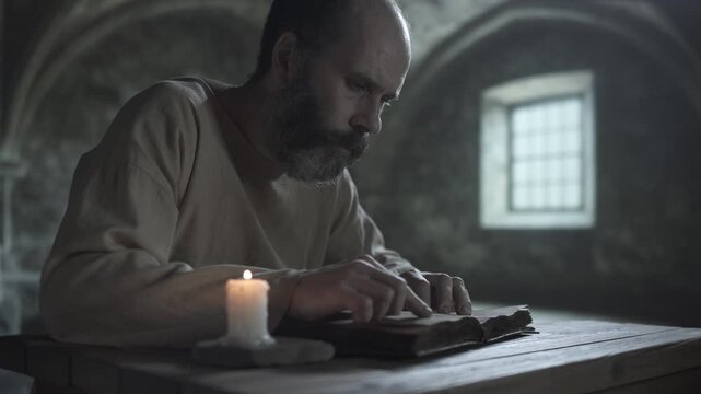 Bearded medieval man in a linen shirt stroking his beard and looking ahead thoughtfully from an old book on a wooden table inside a gloomy cell