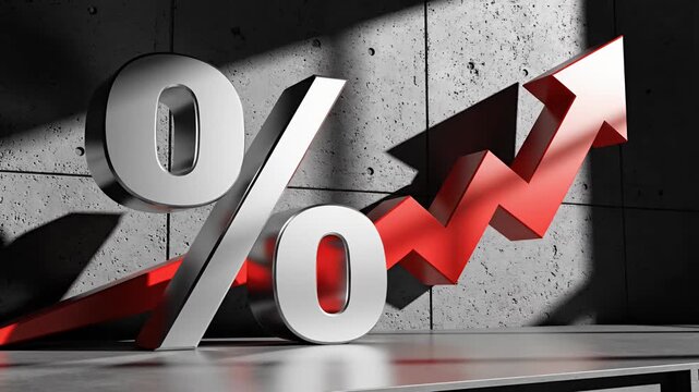 Three-dimensional percent symbol with rising red arrow.