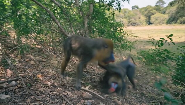 Aggressive Alpha Male Mandrill (Mandrillus sphinx) fighting with other mandrill in the forest, African savannah, Botswana.
