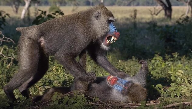 Aggressive Alpha Male Mandrill (Mandrillus sphinx) fighting with other mandrill in the forest, African savannah, Botswana.
