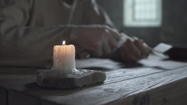 Burning wax candle on a rustic wooden table in the blurred background of a medieval prisoner sharpening a quill pen with a penknife inside a gloomy dungeon 