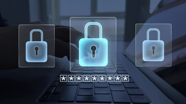 Secure padlock and password protection concept featuring digital security, authentication systems and online data safety.	
