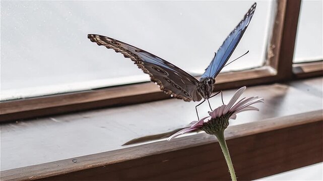 beautiful blue silk morpho butterfly opening wings on a daisy flower when without color effect.
