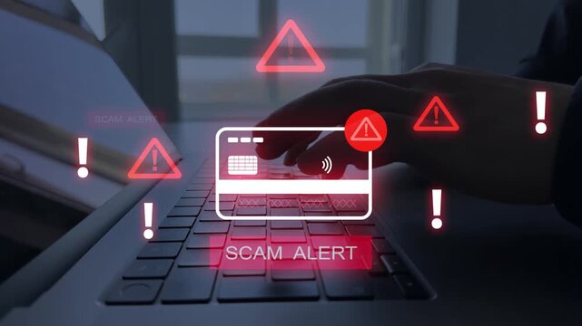Security alert, data protection and identity theft warning in digital banking.Financial scam concept showing bank card fraud,mobile phone phishing and online payment risk.	
