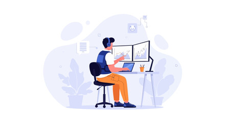 Fototapeta premium Analyst Working on Multiple Monitors with Financial Graphs, Laptop, and Headphones - Modern Flat Illustration