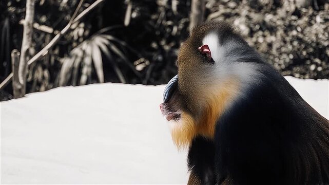 Close up of Alpha Male Mandrill (Mandrillus sphinx) in the forest, African savannah, Botswana.
