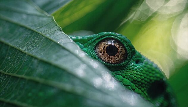 Close up of beautiful green lizard eyes behide leaf in forest, Bocas del Toro island, Panama.
