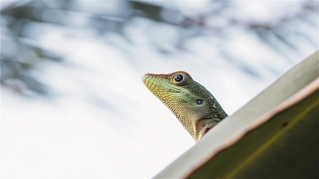Close up of beautiful green lizard eyes behide leaf in forest, Bocas del Toro island, Panama.
