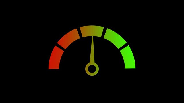 Color Performance Meter Gauge Icon with Speed Indicator, Rating Scale Dashboard, Business Analytic, Progress Measurement, Efficiency Score on Black Background.