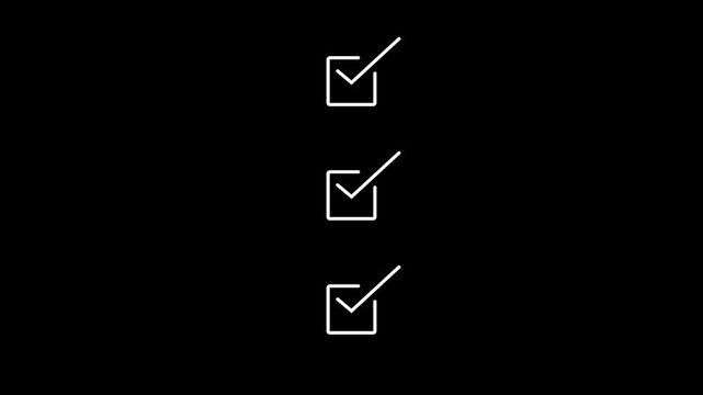 Two white outline checkboxes with checkmarks are centrally positioned on a stark black background, representing completed in a minimalist digital interface or survey