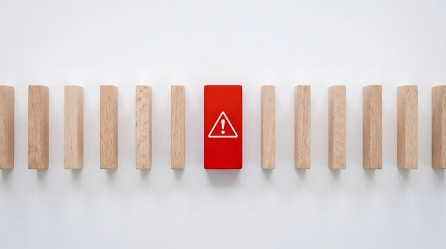 Top view of a red warning block standing out in a line of plain wooden blocks. Concept of risk identification, hazard awareness, anomalies, and safety alerts.