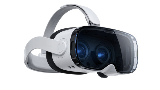 White virtual reality headset with black accents and blue glowing lenses, isolated on transparent background