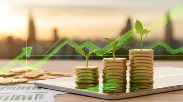 Three stacks of gold coins with green sprouts on a financial graph