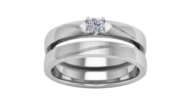 Two brushed platinum wedding bands with diamond engagement ring, isolated on transparent background