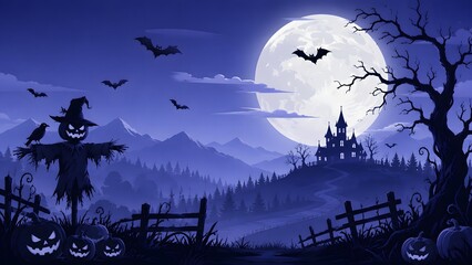 Fototapeta premium Spooky halloween night landscape with a scarecrow and haunted castle silhouette