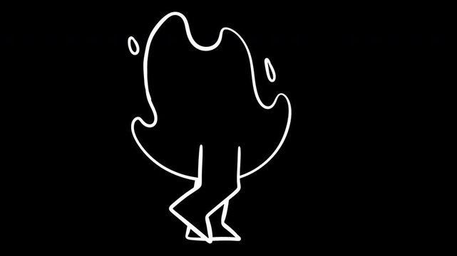 2D hand drawn animated walking fire flame character line art loop on black background. Overlay motion element.