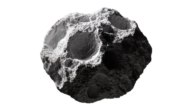 Cratered dark gray asteroid with rough texture, isolated on transparent background