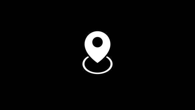 Simple white map pin icon animation on a black background, representing location and navigation.
