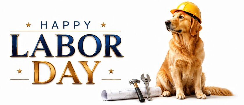 Happy Labor Day greeting banner. Cute Golden Retriever dog wearing a yellow construction hard hat sitting with tools and blueprints. Isolated on white background
