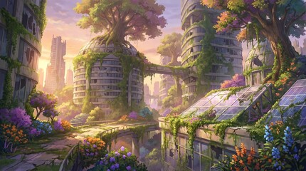 Fototapeta premium Floating Eco Garden Megacity Fantasy Environment Illustration