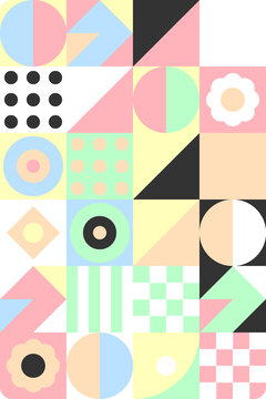 Pastel geometric abstract pattern with circles and squares in grid