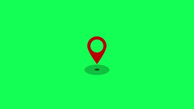 Animated red location pin icon on green background. GPS location pointer animation with radio wave. Road map pointer icon for navigation and location pin markers with signal trace animation concept