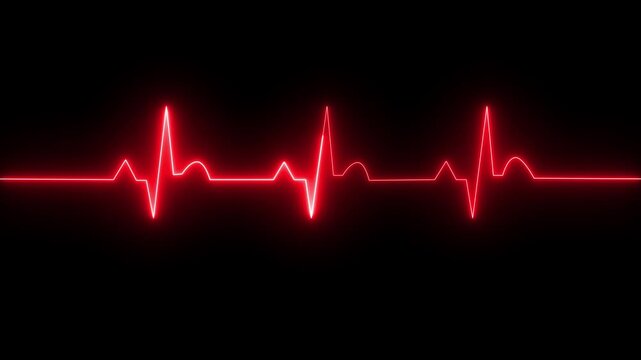 ECG monitor beating heart with a neon electrocardiogram overlay, featuring dynamic HUD elements.Abstract neon heartbeat signal icon animation on black background.