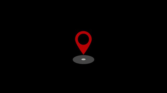 Animated red location pin icon on black background. GPS location pointer animation with radio wave. Road map pointer icon for navigation and location pin markers with signal trace animation concept