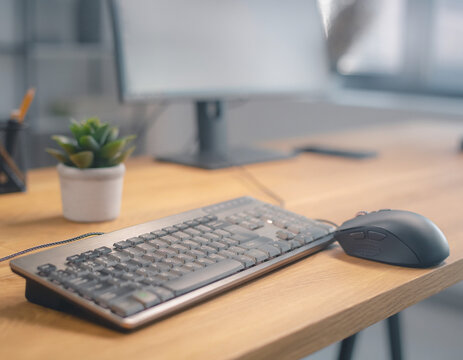 Mechanical keyboard and mouse workspace setup on wooden desk