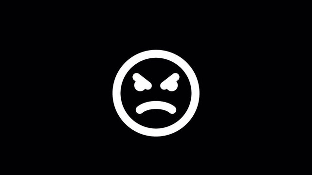 Angry emoji icon animation, white line art grumpy face on black background, mad facial expression motion graphic for social media and feedback