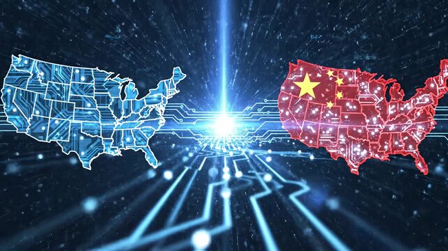 USA and China flag maps on digital circuit background