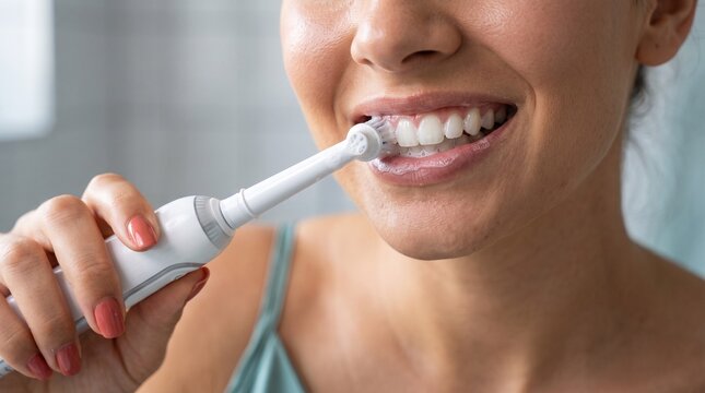 Woman cleaning white teeth using modern electric sonic toothbrush