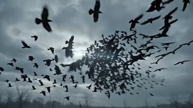 Flock of Crows Flying over Dead Forest under Dark Stormy Sky with Moon