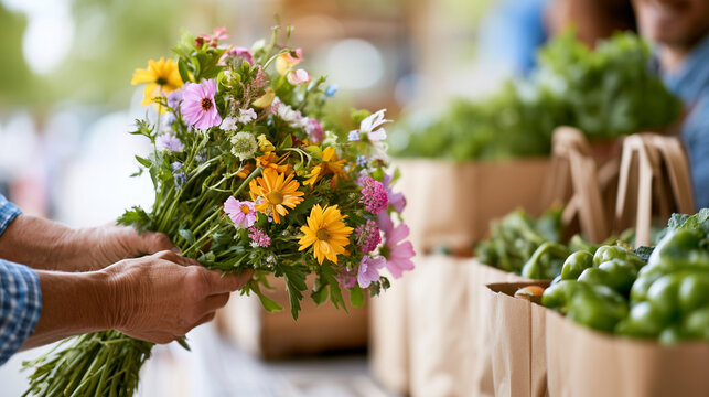 Hands holding a colorful bouquet of fresh wildflowers at outdoor farmers market.