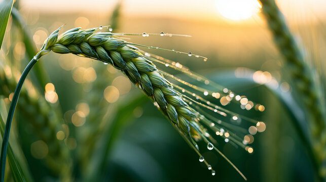 Close up of a green ear of wheat covered with morning dew drops at sunset.