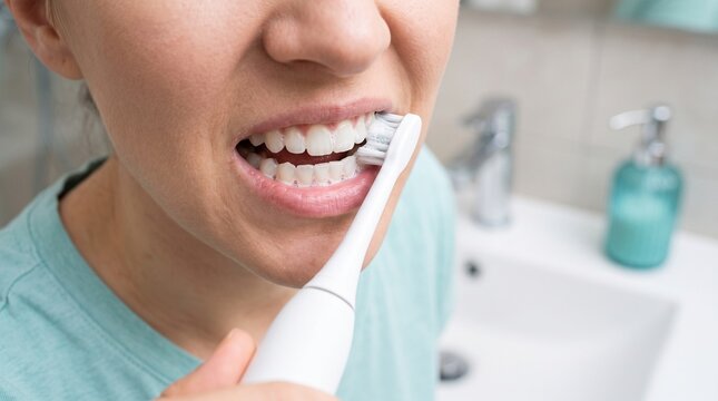 Woman brushing teeth using modern electric sonic toothbrush daily