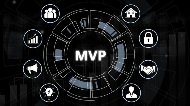 Dynamic minimum viable product mvp concept infographic featuring animated business and circular hud interface for corporate strategy, startup development, and growth presentations